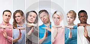 Collage of portraits millenial young men and women showing time out hands gesture.