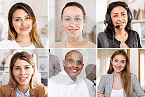 Collage of portraits of mixed age group of focused business professionals