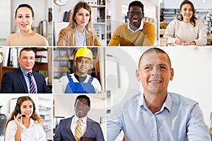 Collage of portraits of mixed age group of focused business professionals