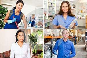 Collage of portraits of mixed age group of focused business professionals