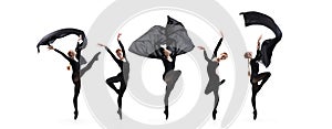 Collage of portraits of one young beautiful female ballet dancer dancing with black fabric isolated on white background.