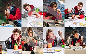 Collage of portraits of sick young boy suffering from cold and flu on self isolation at home