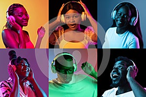 Collage of portraits of six african young people in white headphones isolated over multicolored background in neon