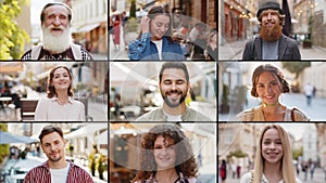 Collage of portraits smiling happy people diverse gender, different cultures, multiethnic men women