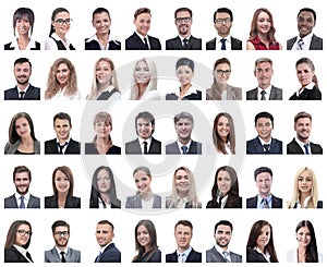 Collage of portraits of successful employees isolated on white
