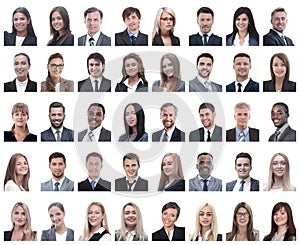 Collage of portraits of successful employees isolated on white