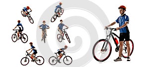 Collage of portraits of youg man, cyclists, riding a bike in protective helmet isolated over white background