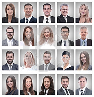 Collage of portraits of young businessmen and businesswoman