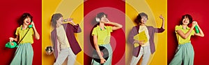 Collage. Portraits of young cheerful girl in casual clothes posing with positivity isolated over red yellow background