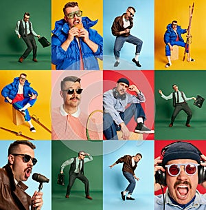 Collage. Portraits of young emotional man posing in different clothes over multicolored background. Work, vacation photo