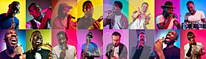 Collage of portraits of young musicians on multicolored background in neon