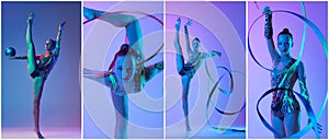 Collage. Portraits of young sportive woman, female rhythmic gymnast performing, training over purple background in neon