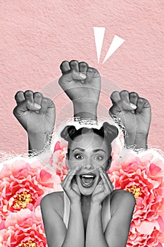 Collage poster artwork of lovely adorable strong woman speaking announcing proclaiming rights isolated on drawing photo