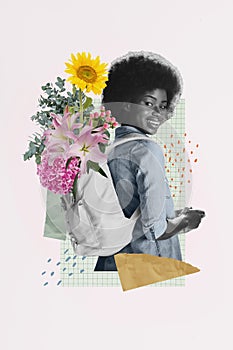 Collage poster picture of adorable pretty beautiful girl with rucksack blooming fresh flowers isolated drawing
