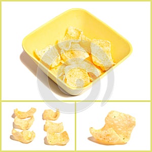 Collage with potato chips isolated on white background.