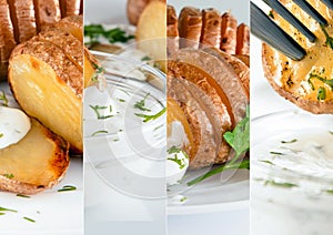 Collage of potato dishes with greens and sauce.