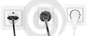 Collage power European electric plug isolated on a white.  electric cord plugged into a white electricity socket on white