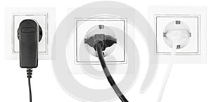 Collage power European electric plug isolated on a white.  electric cord plugged into a white electricity socket on white
