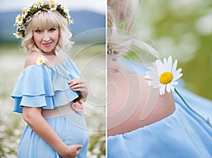 Collage-Pregnant woman in a field of blooming white daisies