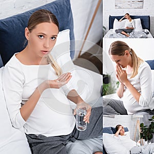 Collage of pregnant woman holding pills