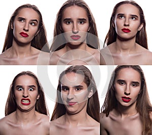 Collage of pretty brunette woman with different facial expressions. Woman with red lips posing on a white background