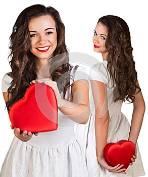 Collage of pretty young woman holding heart-shaped box.