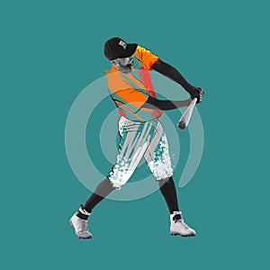 Collage. Professional baseball player in drawn sports uniform in motion isolated on green background. Illustration