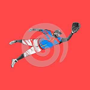Collage. Professional baseball player in drawn sports uniform in motion isolated on red background. Illustration