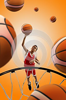 Collage. Professional young sportsman, little boy, basketball player throwing ball in basket in a jump on orange