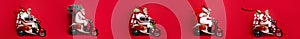 Collage profile side picture of santa claus ride retro scooter deliver boombox disco ball pine sack isolated on red