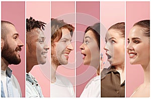 Profiles of multicultural people men and women on pink