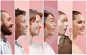 Profiles of multicultural people men and women on pink