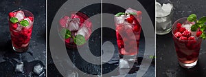 Collage of Raspberry alcoholic cocktail with liqueur, vodka, ice and mint on dark background. Raspberry Mojito. Refreshing cool