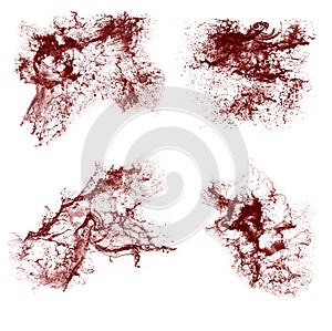 Collage of red liquid splashes. Liquid with splashes on a white background.