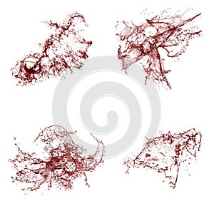 Collage of red liquid splashes. Liquid with splashes on a white background.
