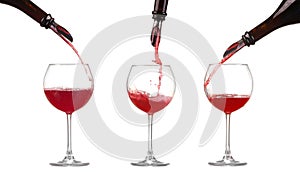 Collage red wine pouring into wine glass isolated