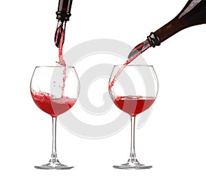 Collage red wine pouring into wine glass isolated