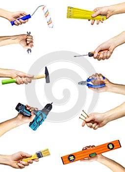 Collage of repair tools on a white background. Selective focus.
