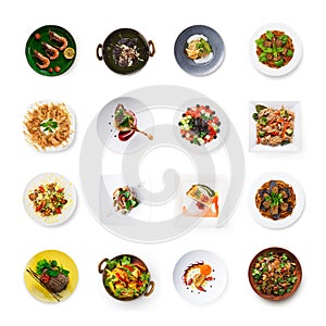 Collage of restaurant dishes isolated on white