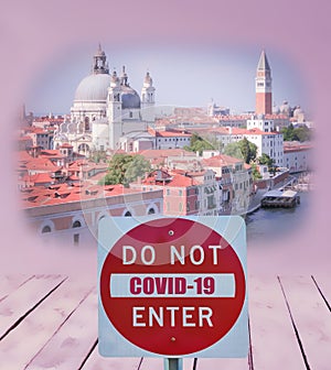 Collage of retro stile images from Venice in pink and lilac shades