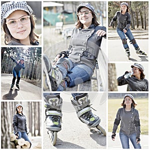 Collage of roller skating beautiful happy girl