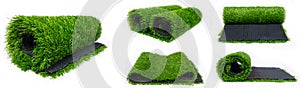 collage of rolls of artificial plastic turf for sports fields panorama