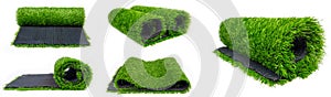 collage of rolls of artificial plastic turf for sports fields panorama