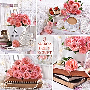 Collage with roses for Womens Day in Poland celebrated on March 8th photo