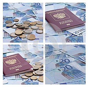 Collage of russian passport with euro banknotes and coins