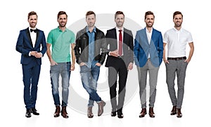 Collage of same young positive man posing in different outfits