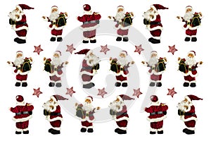 A collage of Santa figurines with a bag of gifts for Christmas and New Year, they are made on white