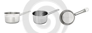 Collage with saucepan isolated on white, different angles