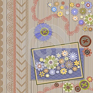 Collage of scrapbook elements. Simple flowers, buttons, wooden background, frame, lace, polka dots.
