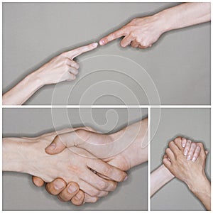 Collage of senior couple's hands in different situation